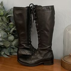 Frye Heritage Melissa Tall Lace-Up Riding Moto Military Boots Black Size 7b Shaft Height: 15 Heel Height: 1 1/4” Italian Leather Leather Lined Rubber Outsoles Zipper Closure. Front Lace-Up Condition: Great, Pre Owned. Grannycore Goth Gothic Dark Academia Steampunk Boho Cottagecore Dark Academia Steampunk, Gothic Dark Academia, Boho Cottagecore, Military Boots, Frye Shoes, Boots Black, Dark Academia, Lace Up Boots, Italian Leather