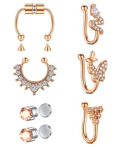 PRICES MAY VARY. ❤ Value Pack:6 Pieces Of Rose Gold Color Fake Nose Rings.3Pcs U Shaped Nose Cuff Of Cz Inlaid Snake, Butterfly And Triangle Design. 1X Fake Septum Horseshoe Barbell, 1X Cz Fake Septum Hoop And 1 Pair Magnetic Fake Nose Studs ❤ Fake Nose Ring With Multi-Design, Easier To Put On Or Take Off, Best Choice For You, If You Don'T Want To Put A Hole In Your Face. Perfect For Daily Life Wearing. Also Good Gift For Birthday, Christmas, Anniversary, Valentine'S Day And More. ❤ Made Of 316L Fake Nose Cuff, Fake Nose Stud, Fake Nose Ring, Nose Cuff, Nose Ring Hoop, Septum Hoop, Faux Piercing, Fake Nose Rings, Nose Studs