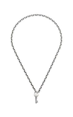 GUCCI Trademark Silver Necklace with Key YBB79634300100U.Style ‎796343 J8400 8106The Gucci Trademark line combines motifs and hexagonal bolt charms with the name of the House. From the cut-out heart to the padlock pendant, playful symbols continue to distinguish a selection of rings, necklaces, b... Diamond Accessories, Delicate Pendant, Gucci Jewelry, Gold Diamond Necklace, Sterling Silver Chain Necklace, Key Pendant, Princess Diamond, Womens Wedding Bands, Rings Necklaces