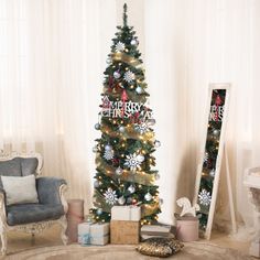 This pre-lit pencil Christmas tree with lights in warm white color can add your home the best holiday atmosphere. There have bright LED lights offering shining lighting show at night. Appearing warm white lighting effect. High-grade flame-retardant PVC branches with no chemical smell. Three-sectioned design, easy piece for you to set up the full tree bright. The tree will make home full of joyful festival atmosphere to immerse your family in happy holiday feel. This pre-lit pencil Christmas tree Christmas Tree Pencil, Christmas Tree Slim, 8ft Christmas Tree, Christmas Tree Store, Pencil Tree, Slim Artificial Christmas Trees, 6ft Christmas Tree, Realistic Christmas Trees, Slim Tree