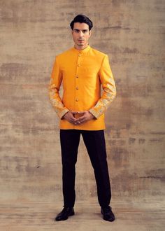 Mustard Yellow Jodhpuri Jacket With Embroidered Sleeves Resham Embroidery, Embroidered Sleeves, Silk Bottoms, Silk Trousers, Sherwani, Kurta Set, Slim Pants, Lehenga Choli, Ivory Color