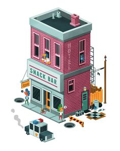 an illustration of a small pink building with people on the front and side windows, next to a checkerboard sign that says snack bar