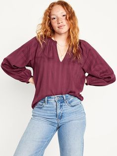 Textured Dobby Top | Old Navy Versatile Long Sleeve V-neck Top For Work, Trendy V-neck Top With Blouson Sleeves, V-neck Top For Daywear In Fall, Chic Long Sleeve V-neck Top, Fall V-neck Top With Gathered Sleeves, Chic Solid V-neck Long Sleeve Top, Trendy V-neck Blouse With Gathered Sleeves, Trendy Bishop Sleeve Tops For Work, Fall Tops With Gathered Sleeves For Daywear