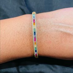 Gold Plated Rainbow Baguette Bracelet Multicolor Rectangular Bracelets, Multicolor Rectangular Bracelets For Fashion, Rainbow Bangles, Baguette Bracelet, Baguette, Gold Plate, Bangles, Beaded Bracelets, Plating