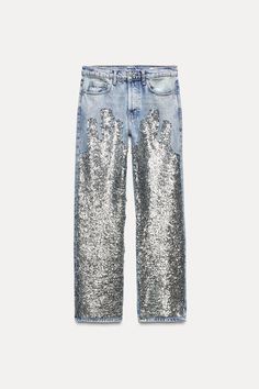 SEQUIN JEANS ZW COLLECTION - Light blue | ZARA United States Chic Sequined Zara Bottoms, Zara Glitter Jeans, Zara Sequin Pants, Zara Denim Blue Bottoms, Zara Blue Jeans With Button Closure, Jeans With Belt, Sequin Jeans, Jean Collection, Linen Tshirts