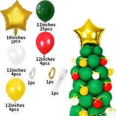 a christmas tree made out of balloons and star shaped balloons with the measurements for each balloon