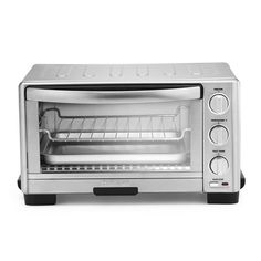 an open toaster oven on a white background