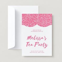 a pink and white tea party card