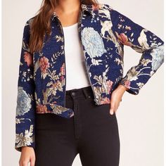 Bb Dakota Floral Jacket Blue Casual Floral Print Outerwear, Casual Blue Floral Print Outerwear, Blue Floral Print Fall Outerwear, Blue Long Sleeve Cropped Jacket For Spring, Fitted Blue Cropped Jacket For Fall, Casual Blue Cropped Jacket For Fall, Teacher Fits, Brocade Jacket, 2020 Vision