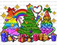 a christmas tree surrounded by presents, gifts and other holiday items on a white background