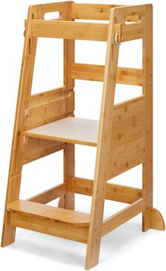 a wooden baby's high chair that is made out of wood and has two steps