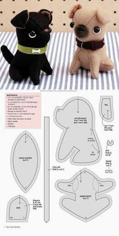 the paper doll is sitting next to the stuffed dog on the striped tablecloth, with instructions for how to make it