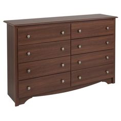 a wooden dresser with many drawers and knobs on the bottom drawer, against a white background