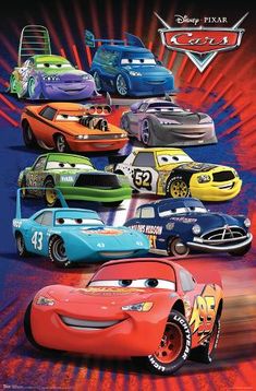 cars from the disney pixar movie are shown in this poster, which features each character