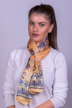 A unique scarf that is made from pure silk in yellow - blue colors that is made in Greece, Soufli and can be the perfect gift for your loved ones. DETAILS Fabric : Crepe Satin 16m/m Dimension : 45cm x170cm Print : Digital Finished : by hand * Gift box included We design beautiful silk scarves. Creating with passion excellent quality silk scarves. Ancient Greece is our inspiration! This collection is part of the Pegasu's. Our silk products are handmade and printed. These scarves for women are 100 Silk Products, Unique Scarf, Large Silk Scarf, Big Scarf, Hand Painted Scarves, Painted Scarf, Women Scarf, Scarf Silk, Scarf Dress