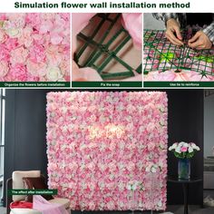 pink and white flowers are displayed on the wall, along with other images that show how to use them