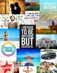 a collage of photos with words and pictures on them that include people, horses, houses, trees, water, money, and more