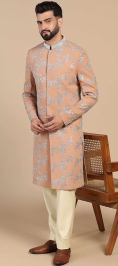 Pink and Majenta color Sherwani in Cotton, Satin Silk fabric with Cut Dana, Embroidered, Thread, Zari work Luxury Long Sleeve Pink Sherwani, Luxury Pink Sherwani Straight Kurta, Luxury Pink Sherwani For Diwali, Luxury Pink Sherwani For Transitional Season, Luxury Pink Sherwani With Zari Work, Reception Lehenga, Engagement Reception, Wedding Sherwani, Wedding Pink