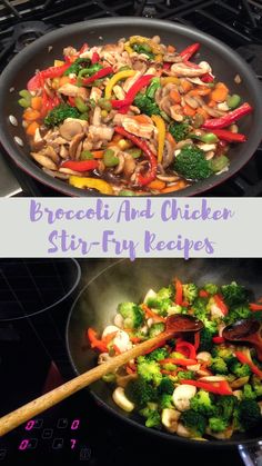 broccoli and chicken stir fry in a skillet with the words broccoli and chicken stir fry