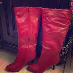 Nwot Red Heel Boots With A Stretch For Wider Calves Formal Winter Boots With Red Sole, Red Round Toe Boots For Winter, Red Boots With Round Toe For Winter, Red Leather Wide Calf Boots, Red Wide Calf Leather Boots, Red High Heeled Boots For Winter, Red Winter Boots With Round Toe, Red Leather Boots For Spring, Formal Red Boots With Round Toe