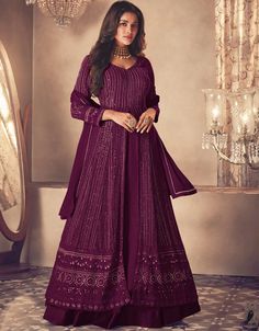 Purple Lehenga style Suit Semi-Stitched Suits Salwar Kameez in Embroidery, Sequins & Lace Work:Arabic Attire #ladiesprintedsuit #newfashionsuit #kurtasalwarladies #salwaarkameezneckdesigns #salwaarpattern #longkameez #ladiessuitwithprice #salwarskameezneckdesigns #peachsuitsforladies #salwarspatterns #salwaarpatterns #modernsuitforladies #designersuitsdiscount #simplesuitsalwar #whatisashalwarkameez #salwarkameezforwomen #beautifulsuit Long Choli Lehenga, Purple Lehenga, Georgette Anarkali Suits, Indian Anarkali, Bollywood Bridal, Anarkali Lehenga, Lehenga Style, Red Lehenga, Patiala Salwar