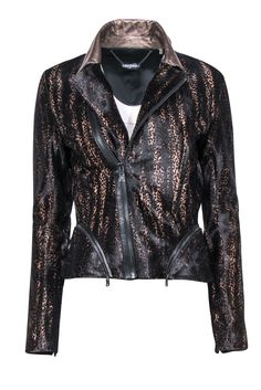 Current Boutique-Elie Tahari - Brown Leopard Print Calf Hair Moto Jacket w/ Leather Trim Sz XS Elegant Leather Jacket For Night Out, Chic Evening Biker Jacket For Fall, Designer Leather Jacket For Evening In Fall, Spring Evening Biker Jacket With Long Sleeves, Elegant Winter Leather Jacket With Asymmetrical Zip, Elegant Leather Jacket With Asymmetrical Zip For Winter, Designer Fall Outerwear With Zipper Closure, Designer Leather Jacket For Night Out In Fall, Chic Fitted Biker Jacket For Evening