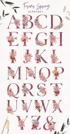 an alphabet with flowers and leaves on it