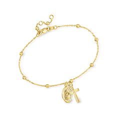 Ross-Simons - 14kt Yellow Gold Virgin Mary and Cross Charm Bracelet. 6". A stylish way to show your faith. Crafted in 14kt yellow gold and stationed with petite beads, this special religious bracelet features a classic cross and Virgin Mary charm. Cable chain with a 1" extender. Lobster clasp, 14kt yellow gold cross and Virgin Mary charm bracelet. Luxury Adjustable Bracelets With Charms, Luxury Adjustable Charms Bracelets, Luxury Adjustable Charms Jewelry, Classic Charm Bracelet Jewelry, Luxury Yellow Gold Rosary Bracelet Gift, Classic Charms Bracelet For Formal Occasions, Classic Formal Bracelets With Charms, Yellow Gold Name Bracelet In Fine Jewelry Style, Gold Sterling Silver Bracelet With Charms