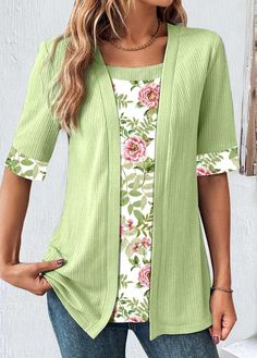 ROTITA Patchwork Floral Print Avocado Green T Shirt Casual Crew Neck Top With Fake Two-piece Design, Green Crew Neck T-shirt With Splicing, Spring Long Sleeve Fake Two-piece Top, Casual Cotton Fake Two-piece Tops, Green Short Sleeve Spliced Tops, Green Spliced Tops For Spring, Green Short Sleeve Tops With Splicing, Green Cotton Tops With Splicing, White Fake Two-piece Top For Spring