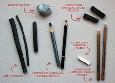 an assortment of different types of pens and pencils on a sheet of white paper