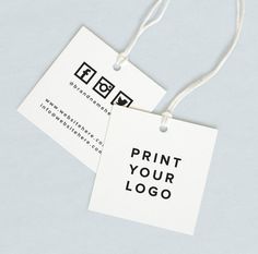 two tags with the words print your logo on them