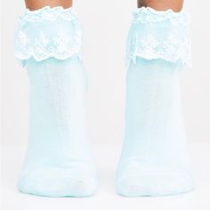 Nwt Baby Blue Ruffled Socks; One Size Cute Lace Trim Socks For Spring, Cute Blue Spring Socks, Black Knee High Socks, Halloween Tights, Hunter Boots Socks, Wool Blend Socks, Ruffled Socks, Heart Socks, Grey Socks