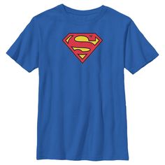 What's that in the sky? Is it a bird? Is it a plane? No! It's the newest apparel from DC Comics! Watch out, villains! You don't stand a chance against one of these officially licensed graphic DC Comics' Superman Classic Logo Boys' T-Shirts. Now you too can save Metropolis with this awesome design featuring the iconic Superman logo printed across the front! Become the last son of Krypton and save Earth as your favorite DC Comics hero! Blue Pop Culture T-shirt With Character Print, Comic-con Character Print Short Sleeve Tops, Casual Tops With Character Print For Comic-con, Blue Superhero T-shirt With Character Print, Casual Character Print Tops For Comic-con, Superhero Screen Print Tops For Fan Conventions, Superhero Character Print Tops For Fan Conventions, Blue Graphic Print T-shirt For Fan Conventions, Blue Crew Neck Tops For Fan Conventions