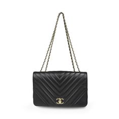 Chanel 'Statement Flap' handbag in black chevron quilted lambskin leather with soft gold hardware. Features a turn-lock logo closure, an adjustable small chain strap, and a black canvas lined interior with a slip and zip pocket. Circa 2019. Includes dust bag. Brand = Chanel Condition = 8/10, Very good, light dents to exterior leather Dimensions = 10" x 7" x 3" Strap Drop = 10.5"-19.5 Material = Leather Hardware = Soft Gold Date Code = 28XXXXXX SKU = 23588-1 Lock Logo, Chevron Quilt, Black Chevron, Leather Hardware, Timeless Handbag, Bag Brand, Sneaker Collection, Exclusive Bag, Black Canvas