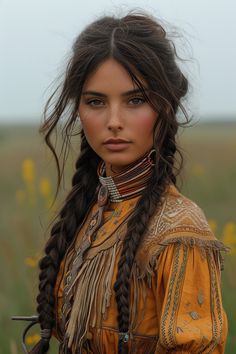 a woman with long hair and braids standing in a field