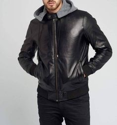 Men's Black Solid Casual Motorcycle Biker Bomber Leather Jacket with Grey Fleece Hood, Men's Black Biker Hooded Bomber Leather Jacket - from Power Knots. Material Type : 100% Genuine/Real Soft Lambskin Leather.  Collar : Mandarin Style Stand Collar Pattern : Solid Fit : Tailored Fit Closure Type : Front Zipper Closure. Hemline : Straight Hemline. Sleeves Style : Long Sleeves. Number of Pockets : Inner Pockets : 1 Outer Pockets : 2 Side Welted Pockets. Color : Green  Lining Material : Inner Linin Leather Biker Jacket For Winter Urban Adventures, Hooded Biker Jacket With Zipper Closure, Winter Leather Hooded Jacket With Double-lined Hood, Leather Hooded Jacket With Double-lined Hood, Winter Hooded Leather Jacket With Double-lined Hood, Casual Hooded Biker Jacket For Biker Events, Hooded Biker Leather Jacket For Streetwear, Biker Leather Jacket For Winter, Black Biker Leather Jacket With Double-lined Hood