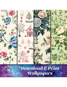 four different wallpapers with flowers and houses on them, all in pastel colors