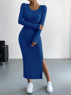 Royal Blue Casual,Elegant Collar Long Sleeve Fabric Plain  Embellished High Stretch  Women Clothing Chique Outfit, Elegant Party Dresses, Winter Party Dress, Comfortable Dress, Outfit Casual, Hem Dress, Party Dresses For Women, Waist Dress, Glamorous Evening Gowns