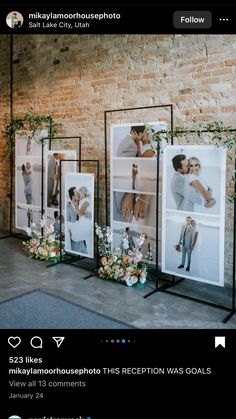 three frames with pictures on them in front of a brick wall and two people kissing each other