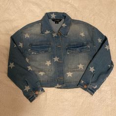 Nwot Jou Jou Jean Jacket With Stars. Size M Excellent Condition- Never Worn. Offers Welcome Casual Star Print Outerwear For Fall, Trendy Winter Outerwear With Star Print, Trendy Long Sleeve Outerwear With Star Print, Long Sleeve Star Print Outerwear For Fall, Blue Star Print Outerwear For Fall, Long Sleeve Denim Jacket With Star Print, Winter Denim Outerwear With Star Print, Denim Outerwear With Star Print For Spring, Spring Denim Outerwear With Star Print