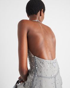 Prada Gown, Prada Dress, Embroidered Tulle Dress, Light Grey Dress, Halter Cocktail Dress, Tulle Midi Dress, Embroidered Tulle, Overlay Dress, Black Midi Dress