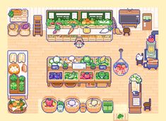 an overhead view of a grocery store with fruits and vegetables on the shelves, along with other items