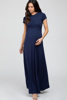 A comfortable & casual maternity dress perfect for any day!  A solid short sleeve maternity maxi dress with a twist front detail. The Navy Twist Front Maternity Maxi Dress is perfectly bump-friendly! Casual Maternity Dress, Space Dress, Twist Dress, Maternity Maxi Dress, Twisted Dress, Casual Maternity, Maternity Maxi, Pregnancy Maxi Dress, Maxi Dress Navy