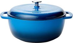 a blue casserole dish with a lid on it's side is shown