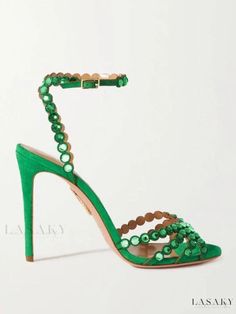 Lasaky - Elegant Emerald Green Open Toe Sandals with Rhinestone Accents, Ankle Strap, and Stiletto Heels - Perfect for Proms and Party Events Rhinestone High Heels, Summer Heels, Open Toe High Heels, Party Events, Stiletto Sandals, Prom Shoes, Leather High Heels, Open Toe Sandals, Party Shoes