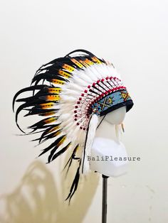 Indian Headdress White & Black Replica Feather Warbonnet | Etsy Fitted White Hat Bands For Festival, Traditional Black Costume Hats And Headpieces For Festivals, Traditional Black Costume Hats For Festivals, Traditional White Hat For Festival, Traditional White Hat Bands For Festival, White Bohemian Costume Hats And Headpieces For Festivals, White Bohemian Costume Hat For Festivals, Traditional White Festival Hat, White Traditional Festival Hat