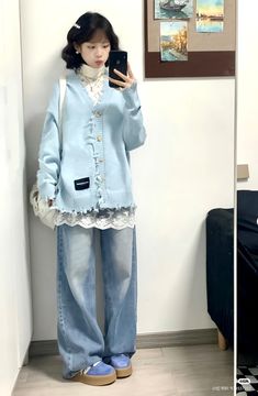 #blue #outfits Blue Shoujo Girl Outfit, Light Blue Aesthetic Fashion, Modest Blue Outfits, K Pop Idol Casual Outfits, Girly Look Style, White And Blue Sweater Outfit, Blue Earthy Outfit, Cute Girlie Outfit, Blue Winter Outfits Aesthetic