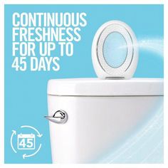 a white toilet sitting next to a blue background with the words continuous freshness for up to 45 days