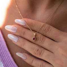 Yellow gold, white diamond and ruby Material: Solid Gold (not gold plated or gold filled) Available Gold Color: Yellow gold, rose gold and white gold Karat: 14 K (585) Diamond weight: 0.05 ct Ruby weight: 0.05 ct Gold grams: 1.40 gr Diamond color: F-G Color Made to order ★ ★ ★ I ship my products in a gift box. A tool and gift to make your loved ones and yourself happy. I design my products with modernity and elegance suitable for daily use and special occasions. As with all of our products, this Ruby Jewelry Photography, Ruby Gold Necklace, Ruby Necklace Designs, خواتم خطوبة, Ruby Earrings Studs, Diamond Pendent, Gold Earrings Wedding, Gold Necklace Simple, Fancy Necklace