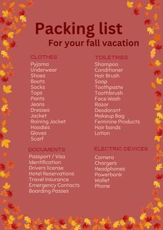 the packing list for your fall vacation is shown in orange and red leaves on a pink background